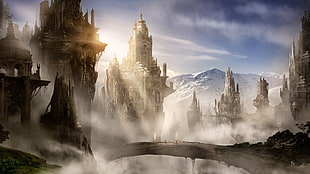 foggy mountain, fantasy art, city, fantasy city HD wallpaper