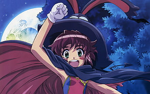 maroon haired girl in pink and blue top with hat anime character