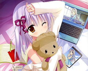 female purple haired woman holding bear plush toy