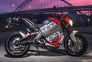 red and gray sportsbike parked near bridge at daytime HD wallpaper