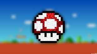 Super Mario Mushroom power-up poster, pixel art, Trixel, Super Mario, video games