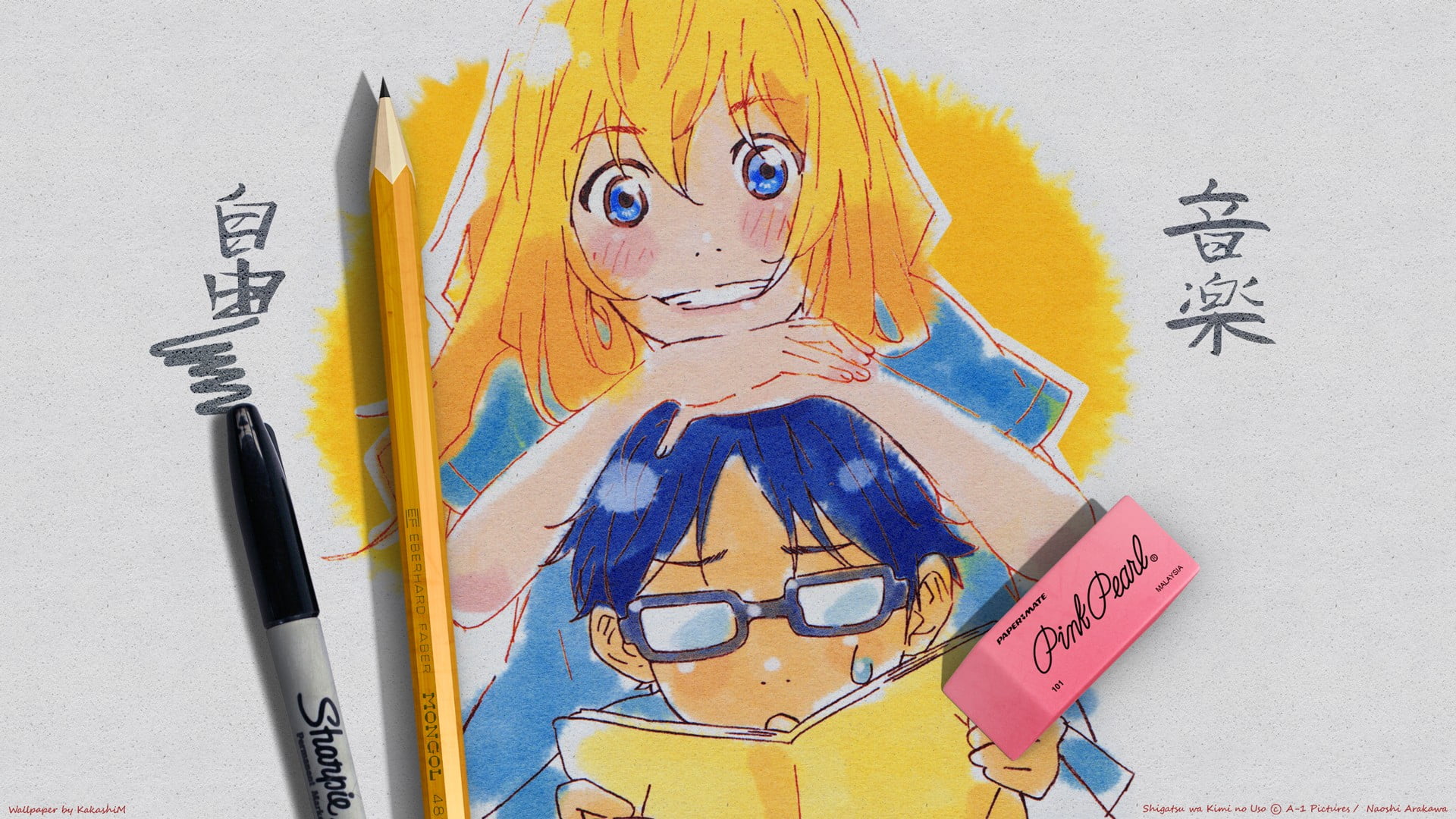 male and female characters drawing, anime, Shigatsu wa Kimi no Uso, Arima Kousei, Miyazono Kaori