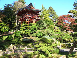 red temple, landscape, Japan