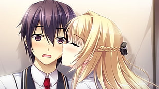 yellow-haired woman anime character kissing purple-haired man
