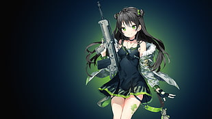 black-haired girl with black mini dress holding gray fully-automated gun illustration