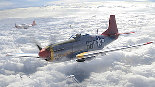 gray and red airplane, digital art, North American P-51 Mustang, military aircraft