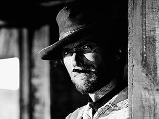 gray scale photo of man wearing hat, Clint Eastwood, monochrome, western, movies