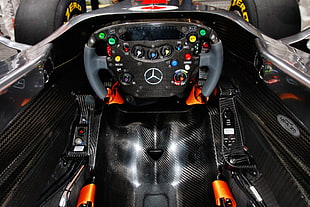 black and brown Mercedes-Benz F1, cockpit, Formula 1, car, vehicle