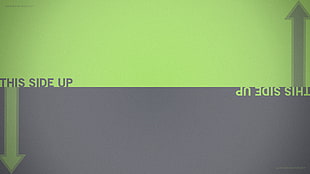 green and gray this side up text on green and gray background, minimalism, typography, arrows (design)