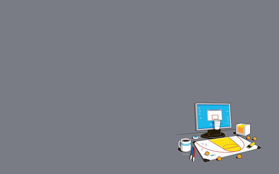 computer set up illustration, minimalism, computer, coffee HD wallpaper