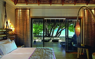 glass panel door with black steel frame, room, trees, bed, interior HD wallpaper