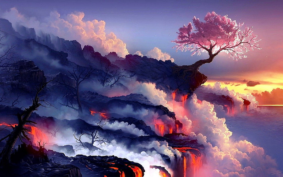pink tree on mountain with clouds, hope, lava HD wallpaper