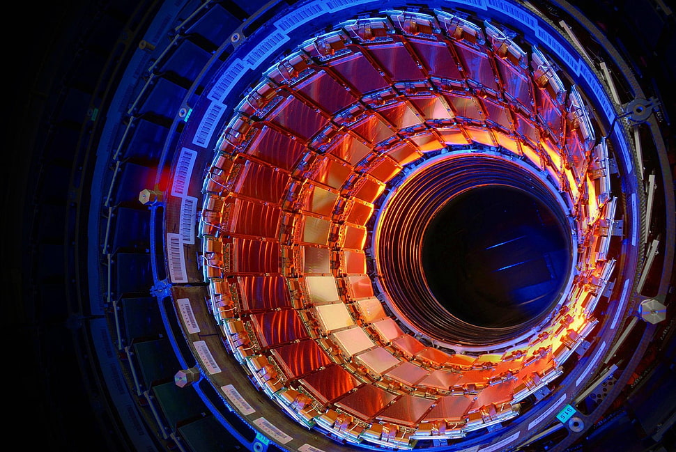 round orange and blue metal part, science, Large Hadron Collider, technology HD wallpaper