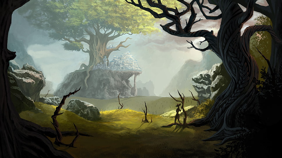 city on giant tree illustration, fantasy art, forest HD wallpaper