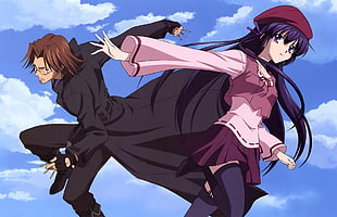 purple haired female anime character and brown haired male anime character