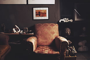 brown fabric sofa chair HD wallpaper