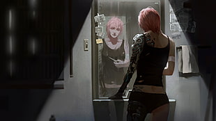 red haired woman wearing black tank top standing and facing mirror illustration