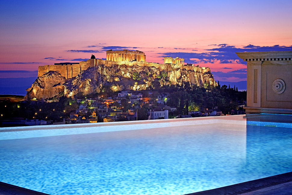 pool above the building near mountain during blue hour, Athens, Greece, city, house HD wallpaper