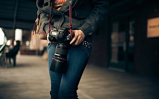 black DSLR camera, photography, jeans, camera, Canon
