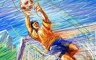 man holding soccer ball painting, soccer, goalkeeper HD wallpaper