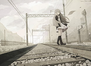 brown-haired female anime character walking on train rail wallpaper