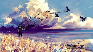 man in black shirt illustration, artwork, digital art, fantasy art, birds