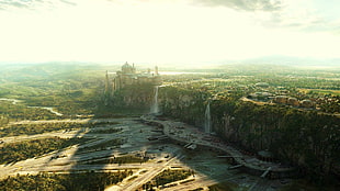 aerial photography of castle on top of cliff near waterfall, landscape, Naboo, Star Wars, cliff