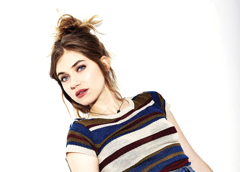 woman in multicolored striped shirt HD wallpaper