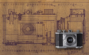 silver and black film camera, camera, schematic, diagrams