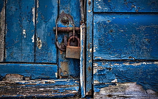 brown metal padlock, wood, wooden surface, door, blue