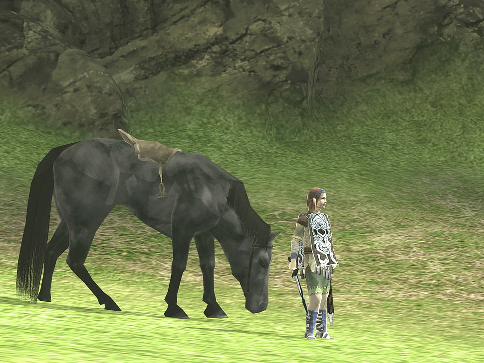 standing man behind horse 3D game illustration, Shadow of the Colossus, video games HD wallpaper
