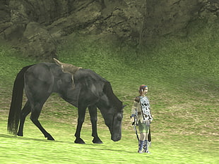 standing man behind horse 3D game illustration, Shadow of the Colossus, video games