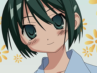 green haired anime character wearing blue top illustration