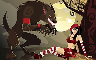 werewolf and female character illustration, Little Red Riding Hood