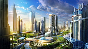 high-rise building illustration, futuristic, architecture, landscape, city