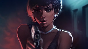 woman holding hand gun illustration