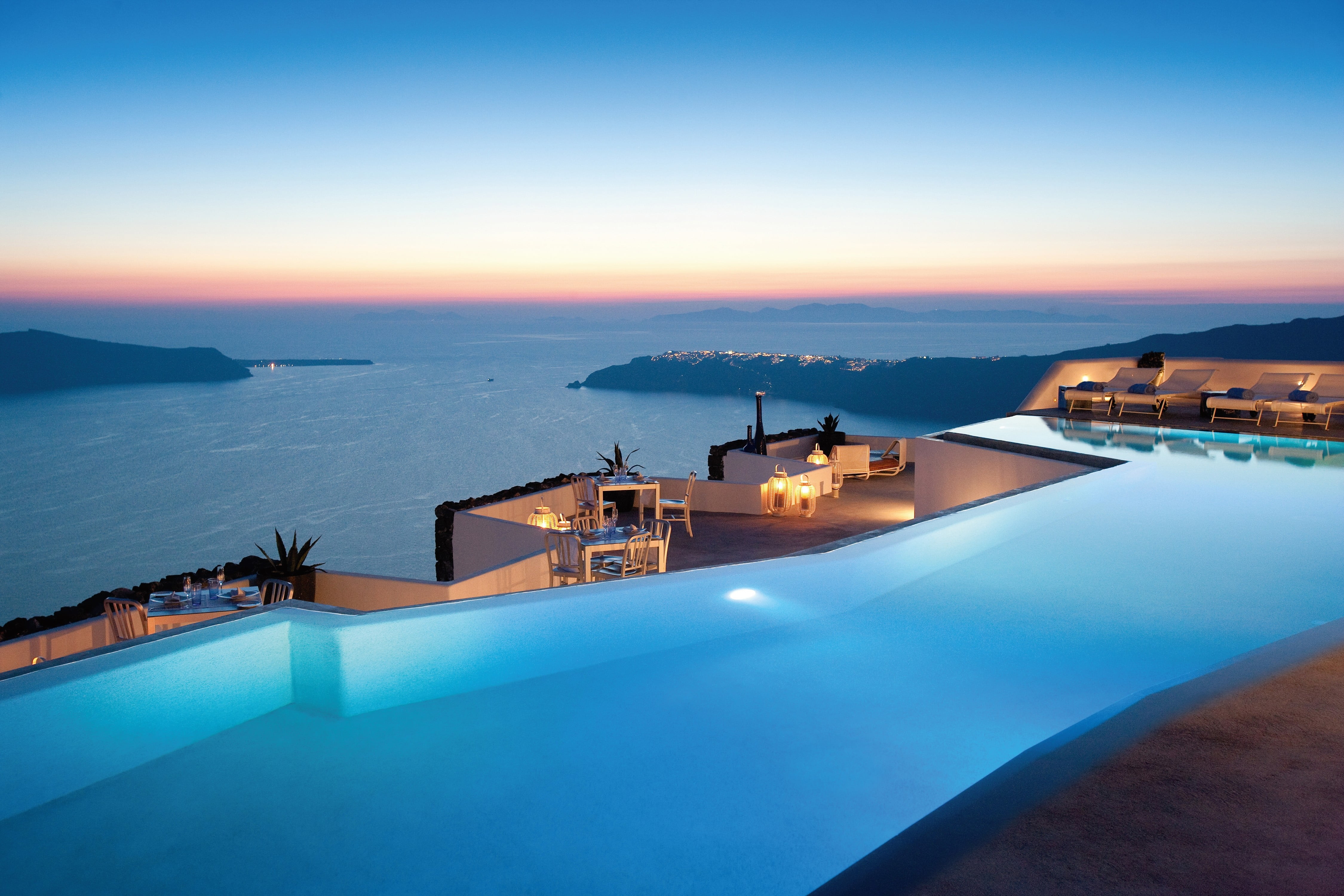White Concrete Building Swimming Pool Santorini Greece Island Hd