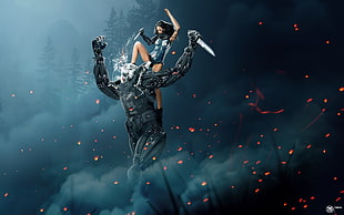 woman attacking robot digital wallpaper, robot, knife, fighting, digital art HD wallpaper