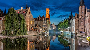 body of water near house painting, architecture, building, Bruges, Belgium HD wallpaper