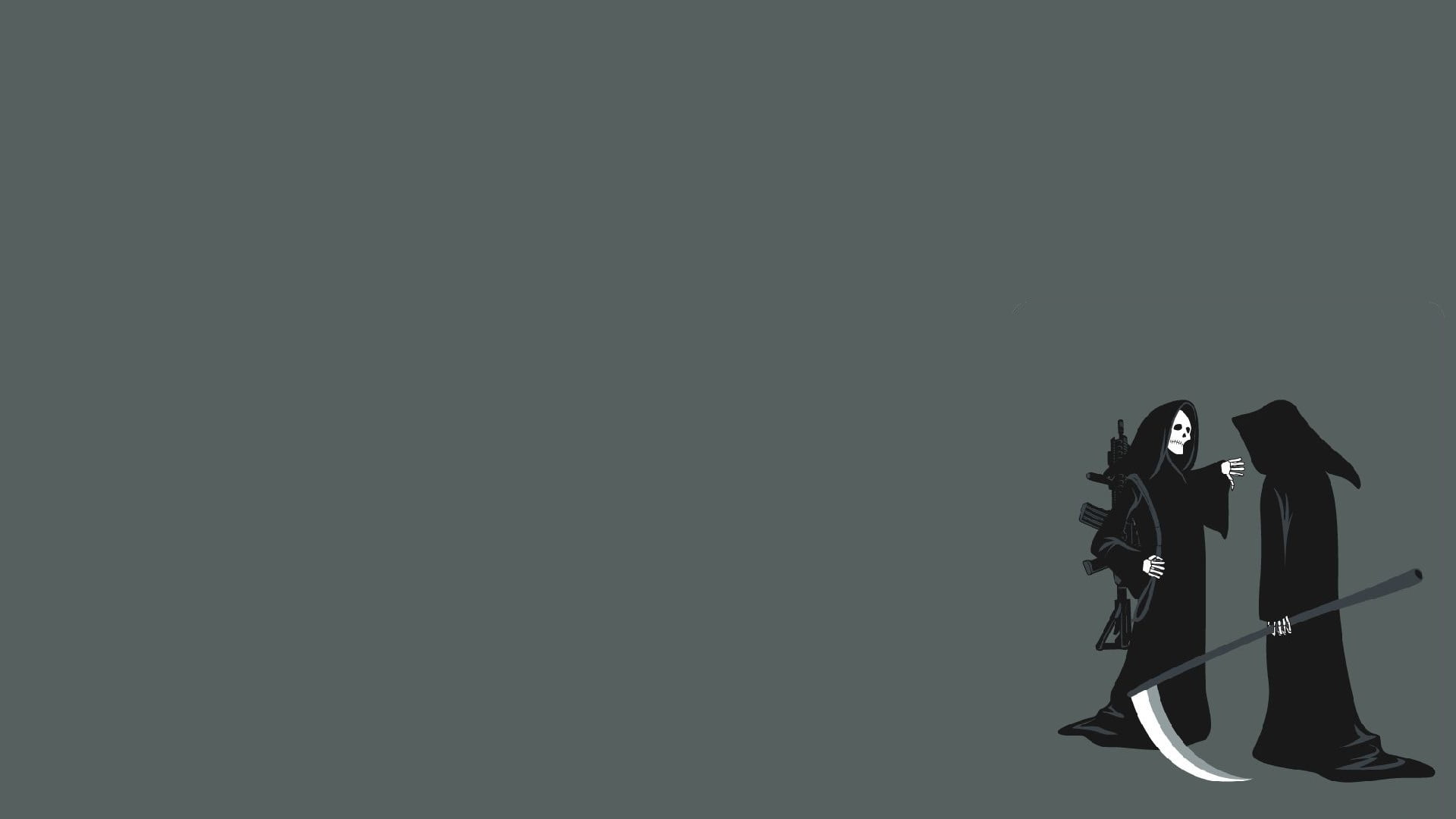 two Grim Reapers illustration, minimalism, Grim Reaper, scythe, assault rifle