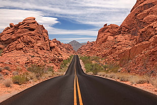 brown rock formations, landscape, desert, highway, rocks