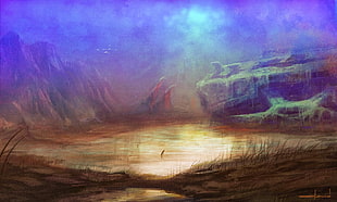 brown and purple lake and mountains illustration, fantasy art, landscape, wreck