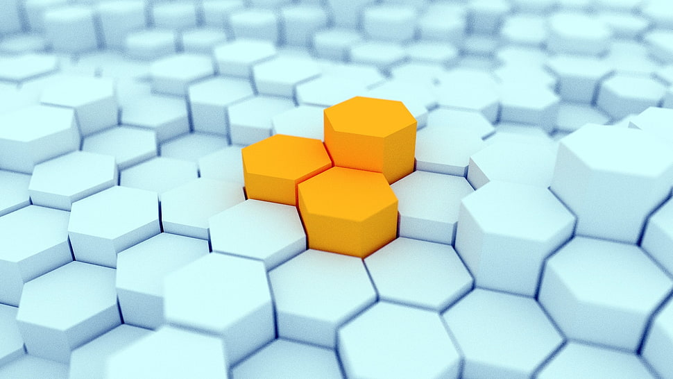 white and orange 3D wallpaper, abstract, render, digital art, hexagon HD wallpaper