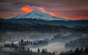 aerial view of mountain covered with snow, snowy peak, sunset, mist, Oregon