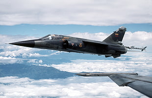black fighter jet near white clouds