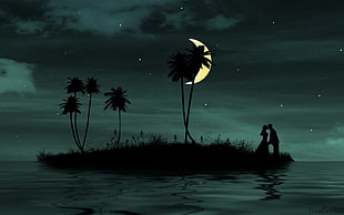 man and woman standing on island while kissing during nighttime