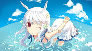 female in white and blue dress on body of water anime