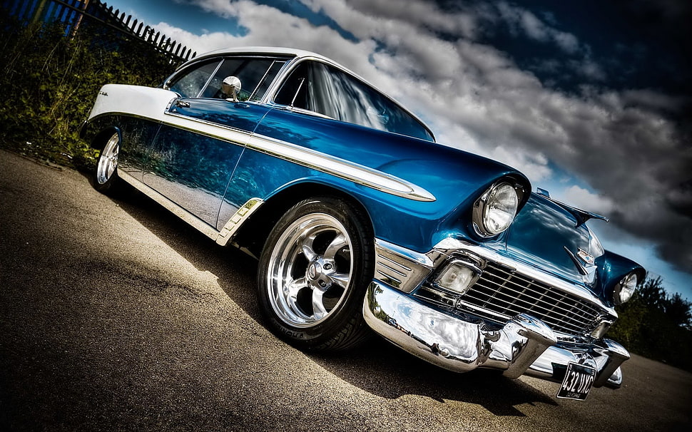 blue and white vehicle, car, old car, Oldtimer, blue cars HD wallpaper