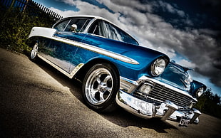 blue and white vehicle, car, old car, Oldtimer, blue cars