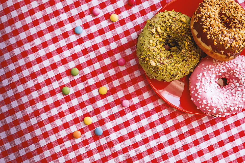 three assorted-flavored doughnuts, Donuts, Dessert, Pastry HD wallpaper